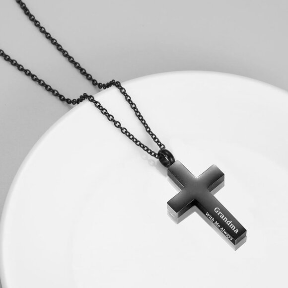 Hypoallergenic Black Cross Cremation Jewelry with Filling Kit - 20" Chain - Picture 4 of 7